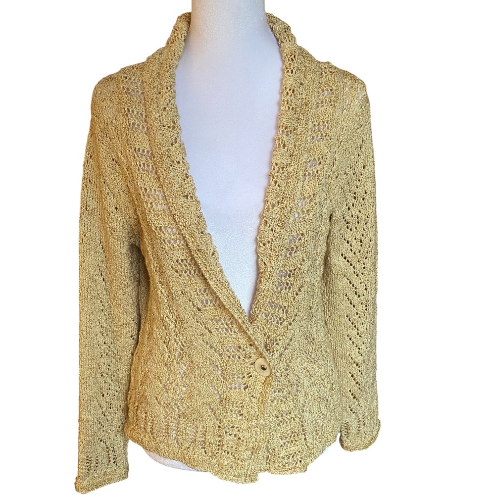 Gold Metallic Open Knit Cardigan Shawl Collar Button Chevron Pointelle Size S